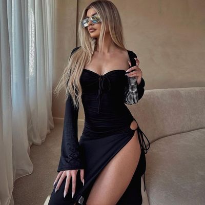 Μακρύ μανίκι πακέτο φόρεμα ισχίου σέξι καυτή χέστρα μέση φόρεμα μαύρο σφιχτό