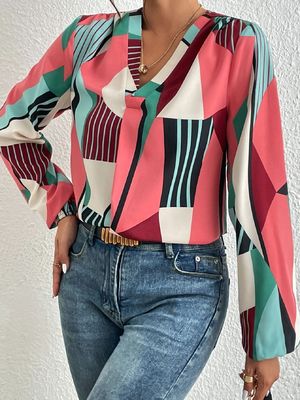 Γεωμετρική εκτύπωση Ντεκάλ T-Shirt Dacron Μακρύ μανίκι Top Για Κυρίες