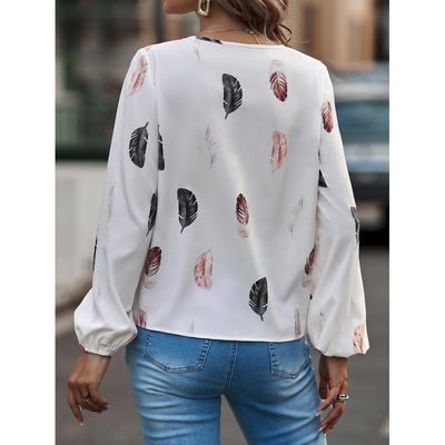 Γυναικεία V-Neck Feather Print T Shirt Casual Loose Fit Μεγάλο μανίκι