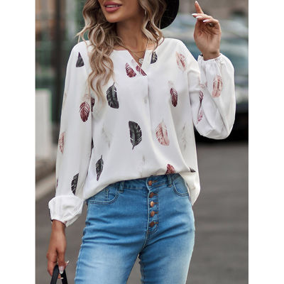 Γυναικεία V-Neck Feather Print T Shirt Casual Loose Fit Μεγάλο μανίκι