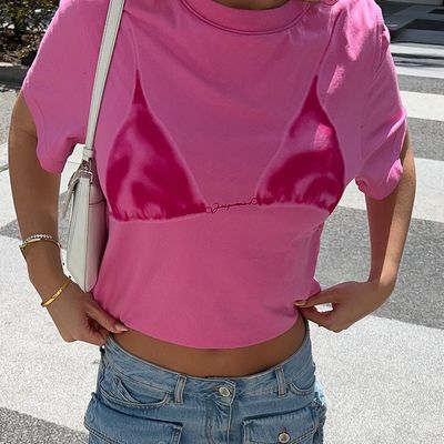 Εύκολο κομψό μπλουζάκι με ντεκάλ με τυπωμένο σέξι μπλουζάκι με στρογγυλό λαιμό και μικρό μανίκι