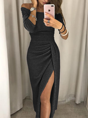 Glitter Women'S Slim βραδινό φόρεμα τσάντα Hip φόρεμα Slit Neckline φόρεμα δείπνο φόρεμα