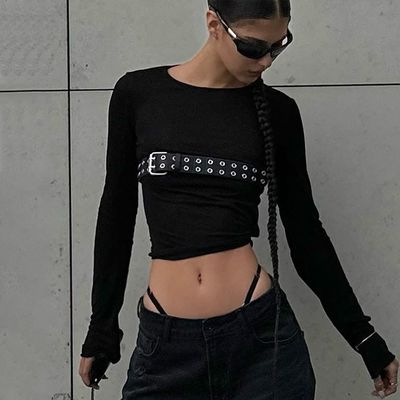 Μόδας Spice Σέξι Στενά T-Shirt Στρογγυλό λαιμό Slim Μακρύ μανίκι T-Shirt Σκληρό σχέδιο