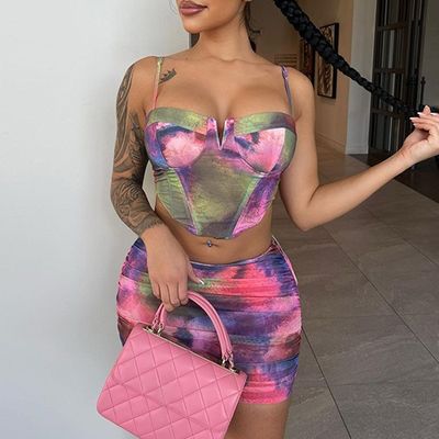 Φωτογραφία Κροπ Top Short Skirt Set Print Halter Slim Fit 2 κομμάτια Short Skirt Set