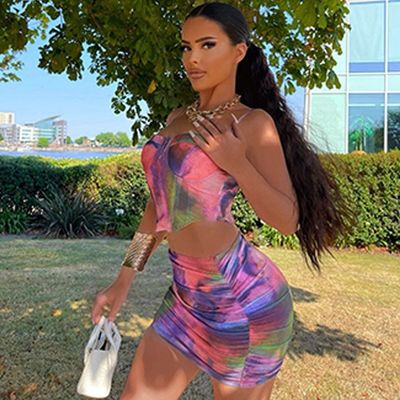 Φωτογραφία Κροπ Top Short Skirt Set Print Halter Slim Fit 2 κομμάτια Short Skirt Set