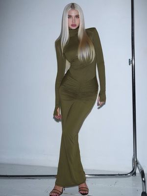 Προσαρμοσμένο Slim Solid Color Hip Wrap φόρεμα υψηλό λαιμό μακρύ μανίκι