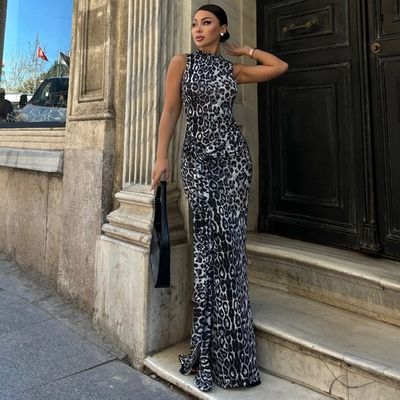 Νέα μόδα Προσαρμοσμένη εκτύπωση Slim Waistband Slit Sleeveless Dress