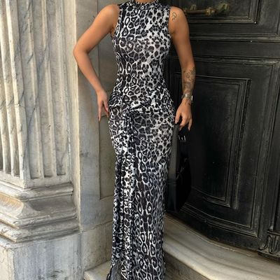 Νέα μόδα Προσαρμοσμένη εκτύπωση Slim Waistband Slit Sleeveless Dress