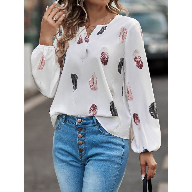 Γυναικεία V-Neck Feather Print T Shirt Casual Loose Fit Μεγάλο μανίκι