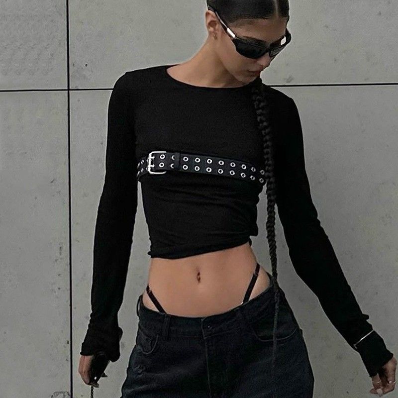 Μόδας Spice Σέξι Στενά T-Shirt Στρογγυλό λαιμό Slim Μακρύ μανίκι T-Shirt Σκληρό σχέδιο